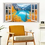 3D Nature Fake Windows Wall Decals Autumn Forest Tree Wall Art Murals Decal Peel and Stick Fall Mountain Lake Sticker Faux Window Landscape Poster Pictures Decals for Bedroom Office Kitchen