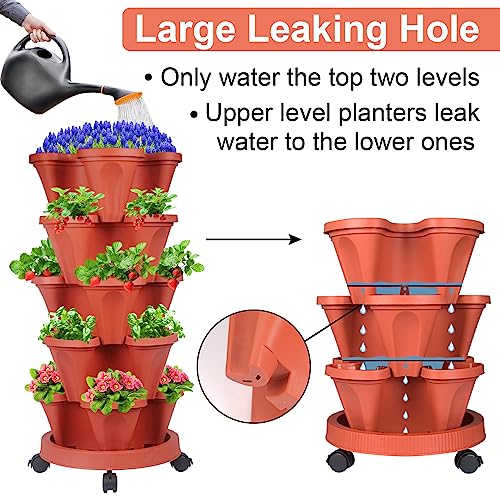 Dunchaty Stackable Planters 5 Tier Vertical Tower Garden Planters Strawberry, Herb, Flower, And Vegetable Planter Indoor Outdoor Gardening Pots With Removable Wheels And Tools #TOP3
