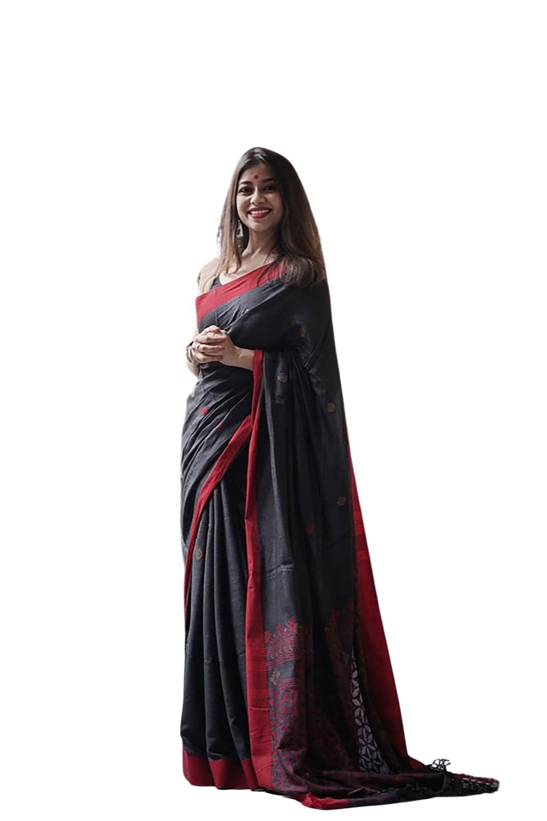 Women's Exquisite Silk Saree with Crimson Floral Embroidery, Border, and Hand-Knotted Tassels Classic Ethnic Wear 5.5 Meter Saree 0.8 Meter Unstitched Blouse Piece_black-image-16