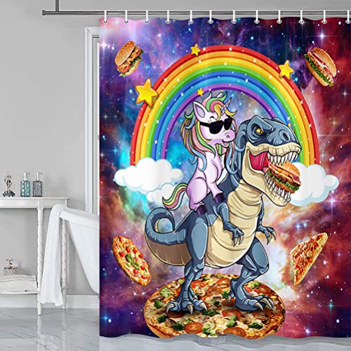 Grtuspr Cute Kids Shower Curtain, Cool Unicorn Riding Dinosaur Shower Curtain Sets For Bathroom,Funny Colorful Rainbow In Fantasy Galaxy Space Boys Girls Restroom Decor Accessories With Hooks, Purple #TOP4