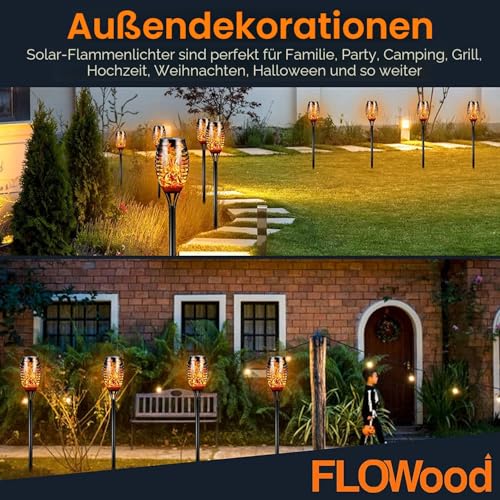 FLOWood Solarleuchten für Außen Garten, 6 Stück, 12LED Solarlampe für Außen Solar Fackel Gartenfackeln, IP65 Wasserdicht Solarlampe, Weg, Hinterhöfe, Rasen1, Flame