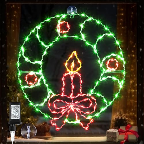 Christmas Window Decorations Light, 18" 190 LEDs Large Christmas Wreath