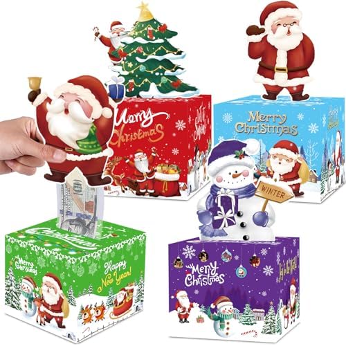 4 Pack Christmas Money Boxes for Gift Cash Pull, Surprise Money Holder for Kids Adults, DIY Fun Cash Box for Women Men Girls Boys Mom Dad Friends, Include 100Pcs Transparent Bags