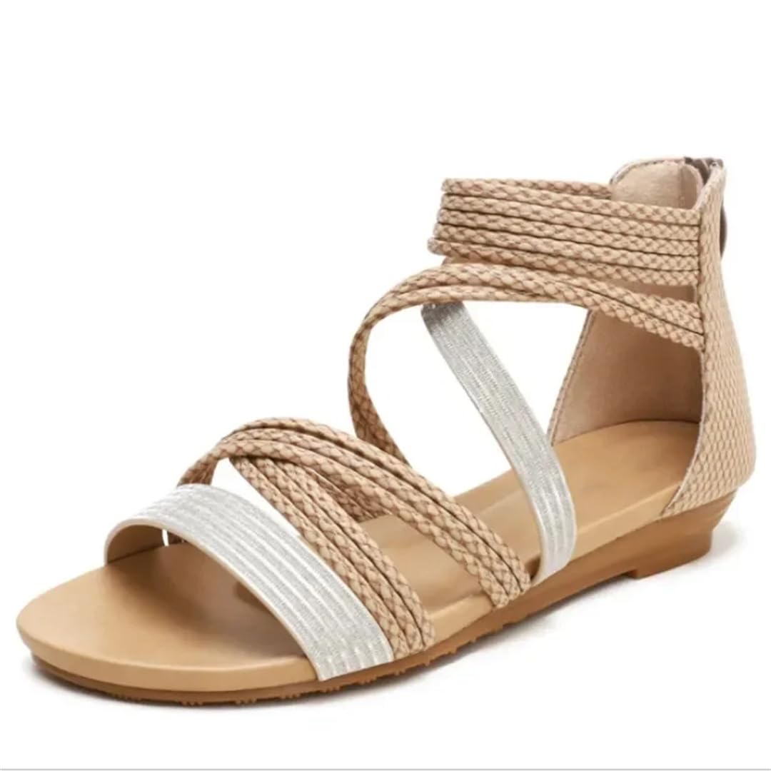 Sandalias de gladiador con cremallera en la espalda y tacón de cuña para mujer, con parte superior de poliuretano, estilo bohemio, para verano