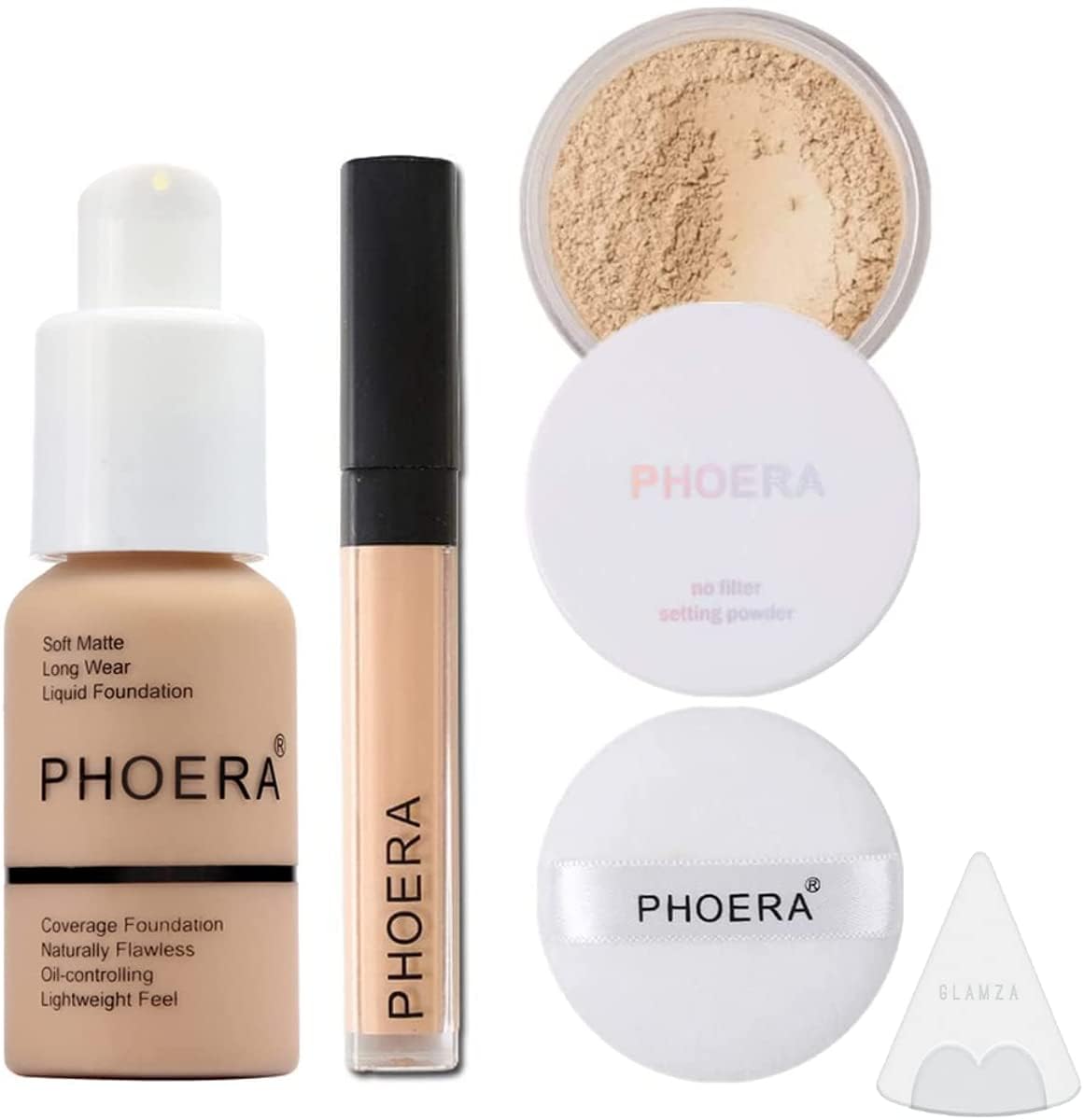 Phoera Foundation Full Coverage Makeup Set - Includes Nude 30ml Matte Foundation, Phoera Concealer (Neutral), Cool Beige Setting Powder & Silicone Blender Sponge for Easy Application