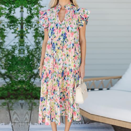 Image of Women Patchwork Dress Y2k Floral Puff Short Sleeve Maxi Dress Summer Boho Smocked Tiered Ruffle Beach Sundress