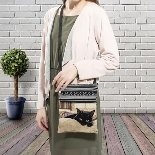 Black Cat Messenger Bag Small Ethnic Pattern Printed Adjustable Strap Crossbody Zipper Bag Black Cat Phone Bag Wallet Cute Shoulder Handbag for Women - 53