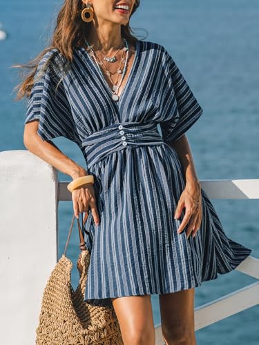 Image of CUPSHE Women Summer Dress Striped V Neck Smocked Waist Front Buttons Sun Dress Casual Vacation Beach Short Mini Dress