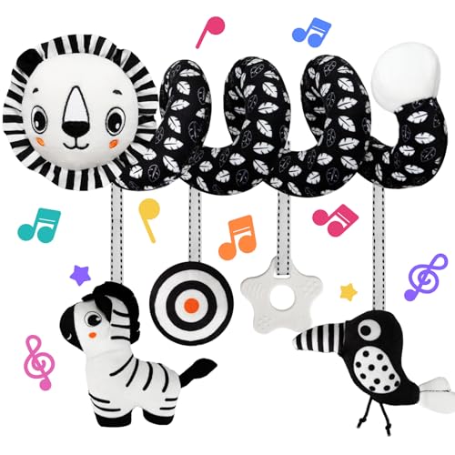Image of Car Seat Toys for Babies 0-6 Months,Hanging Rattle Toys for Crib Mobile, Baby Spiral Hanging Stroller Black and White High Contrast Toys for Newborn 0 3 6 9 12 Months Baby Boys Girls (Lion)