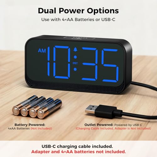Image of Acedeck Battery Operated Digital Clock: Cordless Small Alarm Clock for Bedroom Travel - Large Numbers 4 Dimmers for All Ages Blue Digits