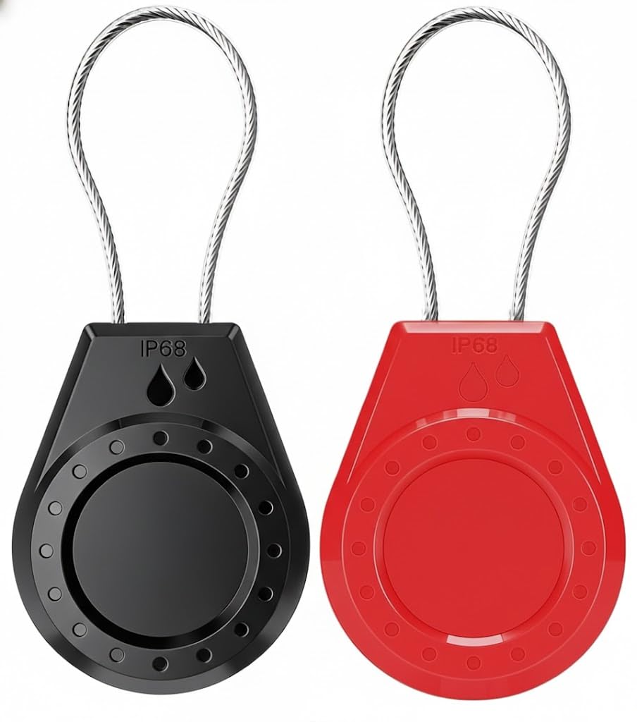 Air Tagholder Keychain Case with Steel Wire Cable &amp; Hex Lock, Waterproof Anti-Lost Shockproof Cover Compatible with Apple Air Tag for Luggage, Backpack, Keys (Black+Red)