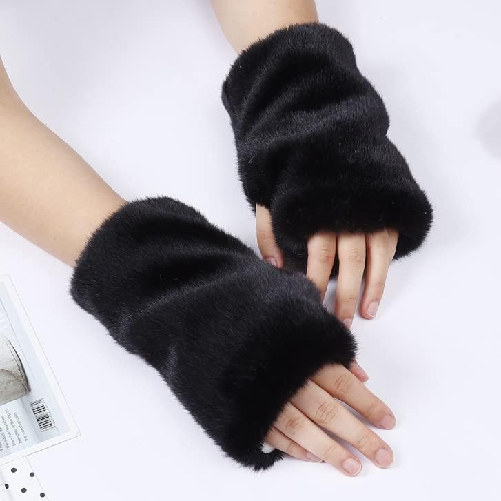 Newfancy Women Winter Furry Mittens Faux Fur Warm Soft Fingerless Half Finger Arm Warmer Gloves - Image 2