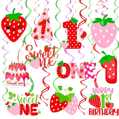 Berry First Birthday Hanging Swirls Strawberry Sweet One Party Decoration 20PCS Strawberry Hanging Streamer Strawberry 1st Birthday Party Decorations for Summer Fruit Baby Shower Supplies