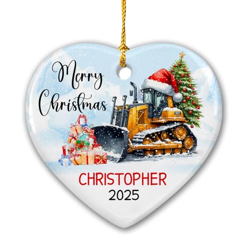 Ceramic Bulldozer Personalized Merry Christmas Ornament 2024, Bulldozer Snow Xmas Tree Ornament, Merry Christmas Excavator Ornament Gift for Kids Friends, Custom Xmas Truck Ornament with Name & Year