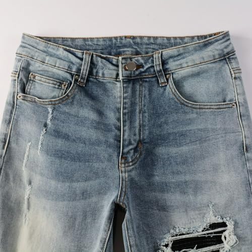 Jeans Pants Trouser Denim Men Stretch Slim Fit Street Trendy Worn Hole Punch Washed Grinding Fading Wrinkle Casual Small Foot(Light Blue,33)3