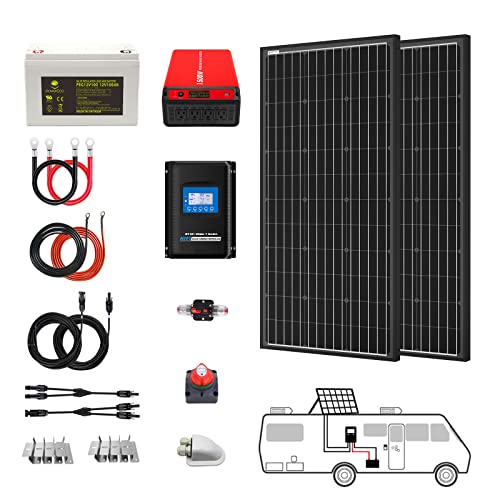 PowerECO 200 Watt (2pcs 100W Mono) Solar Panel Kit + 1500 Watt Power Inverter + Gel Battery Bank for RV, Boat, Cabin, Off-Grid 12 Volt Battery System
