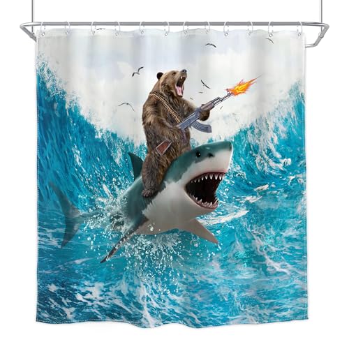 Image of Funny Bear Riding Shark Shower Curtain Humor Surfing 72Wx72H Inch Decor
