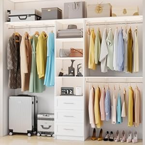 Closet System with Drawers, 5FT-8FT Closet Organizer System 96″ Walk in Wood Closet Storage System with Shelves Hanging Rods Corner Wall Mount, White