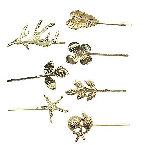 BestOfferBuy 7PCS Assorted Vintage Gold Hair Clips Leaf Flower Sea Shell Starfish Deer Horn