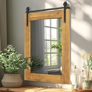 Farmhouse wall mirror 22 x 30 rustic wood framed wall mirrors barn door style rectangle decorative wall mounted mirror for bathroom living room bedroom entryway brown  urban country home decor