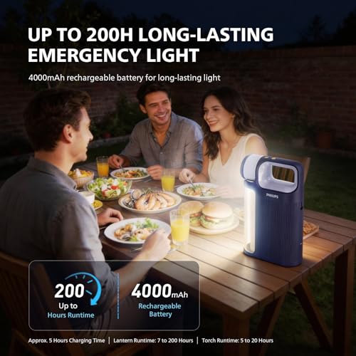 Image of PHILIPS Emergency Light Rechargeable, 4000mAh LED Torch Light, 1000LM Flashlight with Telescopic Zoomable, 325M Range, 10W Power, IP44 Waterproof, Emergency Lantern for Home, Camping and Emergency