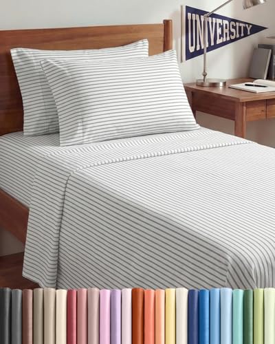 Image of Twin XL 4 Piece Sheet Set - College Dorm Room Essentials - Grey Stripes