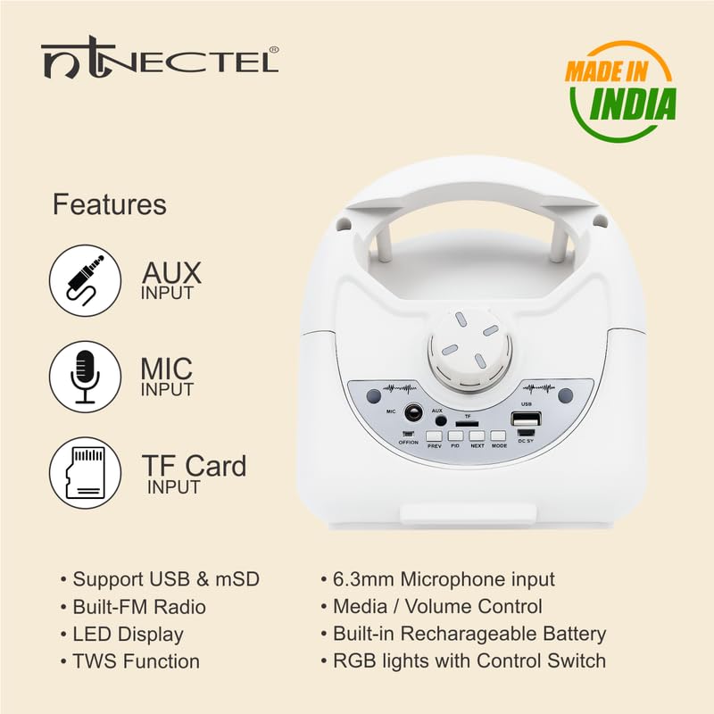 Image of 50W Portable Multimedia Bluetooth Speaker with Dual 4 inch Drivers, RGB Lights, Mic Input, USB /TF /FM /AUX, TWS Pairing, Remote, Rechargeable Battery for Party use (3H Playtime)