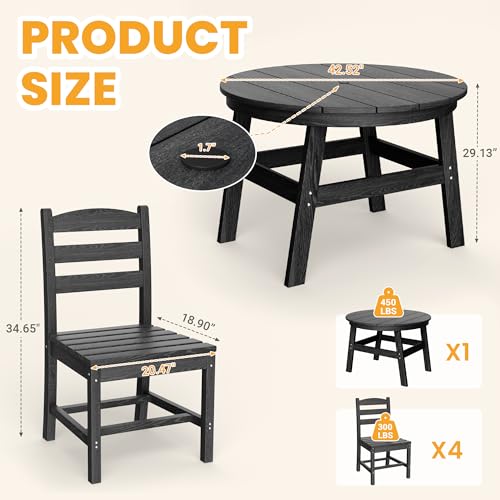 Image of Pamapic 5 PCS Round Outdoor Dining Set, Wood Grain HDPE Outdoor Table and Chairs with 105 Ergonomic Backrest, Durable Patio Dining Table with Umbrella Hole, Black