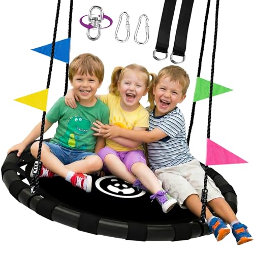 HeyZoo 48 Inch Saucer Swing for Kids & Adults, 900lbs Weight Capacity Heavy Duty Tree Swing Sets for Backyard with 2 Hanging Straps, Adjustable Ropes & Center Swivel Spinner, Gifts for Family, Black