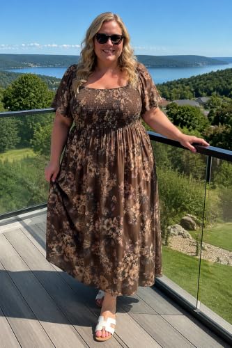 Image of RITERA Plus Size Dresses for Curvy Women Square Neck Short Sleeve Summer Floral Smocked Maxi Dress with Pocket XL-5XL