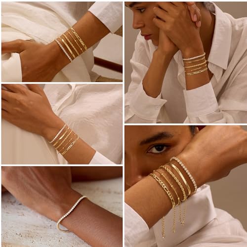 Gold Bracelets for Women, Dainty 14K Gold Plated Bracelet Stack for Women Trendy CZ Tennis Paperclip Cuban Chain Stackable Adjustable Waterproof Link Bracelet Jewelry Set Fashion Accessories Gifts4