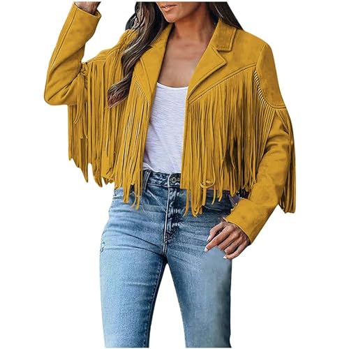 Womens Fringe Jacket Faux Suede Leather Jackets Tassel Motorcycle Cowgirl Outfits Fall Fashion Western Crop Jacket
