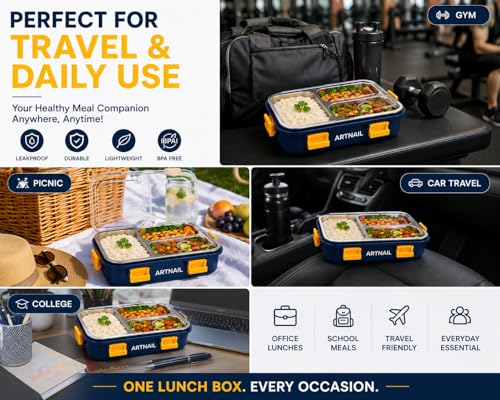 Image of 750ML Stainless Steel Bento Lunch Box |3 Compartments, Leakproof Tiffin Box with Spoon & Fork for School | Office & Travel