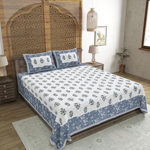 Image of BLOCKS OF INDIA Hand Block Printed 300 TC Cotton Super King Size Bedsheet(106 x 106) (GAD Blue)