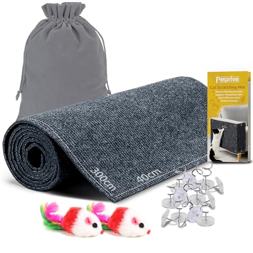 Petprive Tapis Griffoir Chat 300x40cm XL, Autocollant, Gris Bleuté avec Jouet, 20 Crochets de Fixation et Sac - Tapis pour Chat - Griffoir Canapé et Griffoir Mural - Cat Scratcher