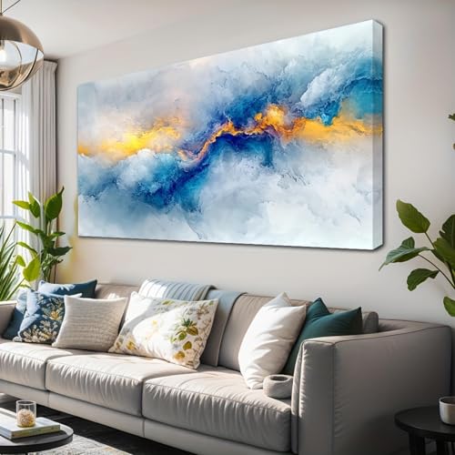 Toile d'art moderne abstraite bleu jaune tableau salon bureau 50x100cm