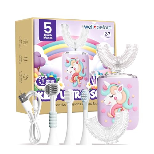 Well Before Kids U Shaped Electric Toothbrush with 5 Brush Heads Ultrasonic 5 Modes IPX7 Waterproof Design (Unicorn Purple Ages 2-7)