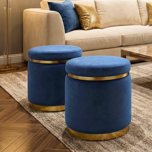 Image of Decorative Ottoman Pouffes for Sitting - Two-Piece Set of Puffy Stools and Footstools - Round Ottoman Stool for Living Room Furniture (Blue)