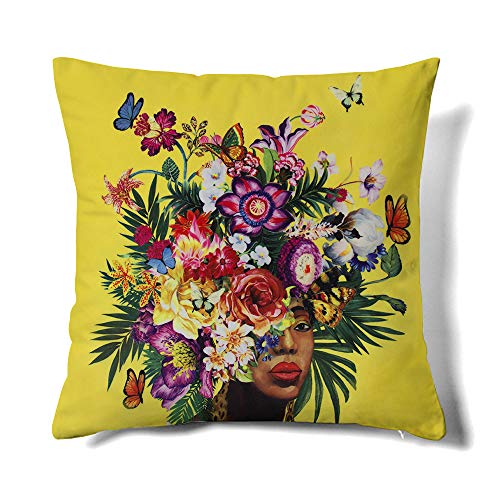 MACOFE Yellow Blossom Cushion Covers Decorative Flower Pillow Covers for Sofa Outdoor Couch 18 x 18 Inch Floral Africa Girl
