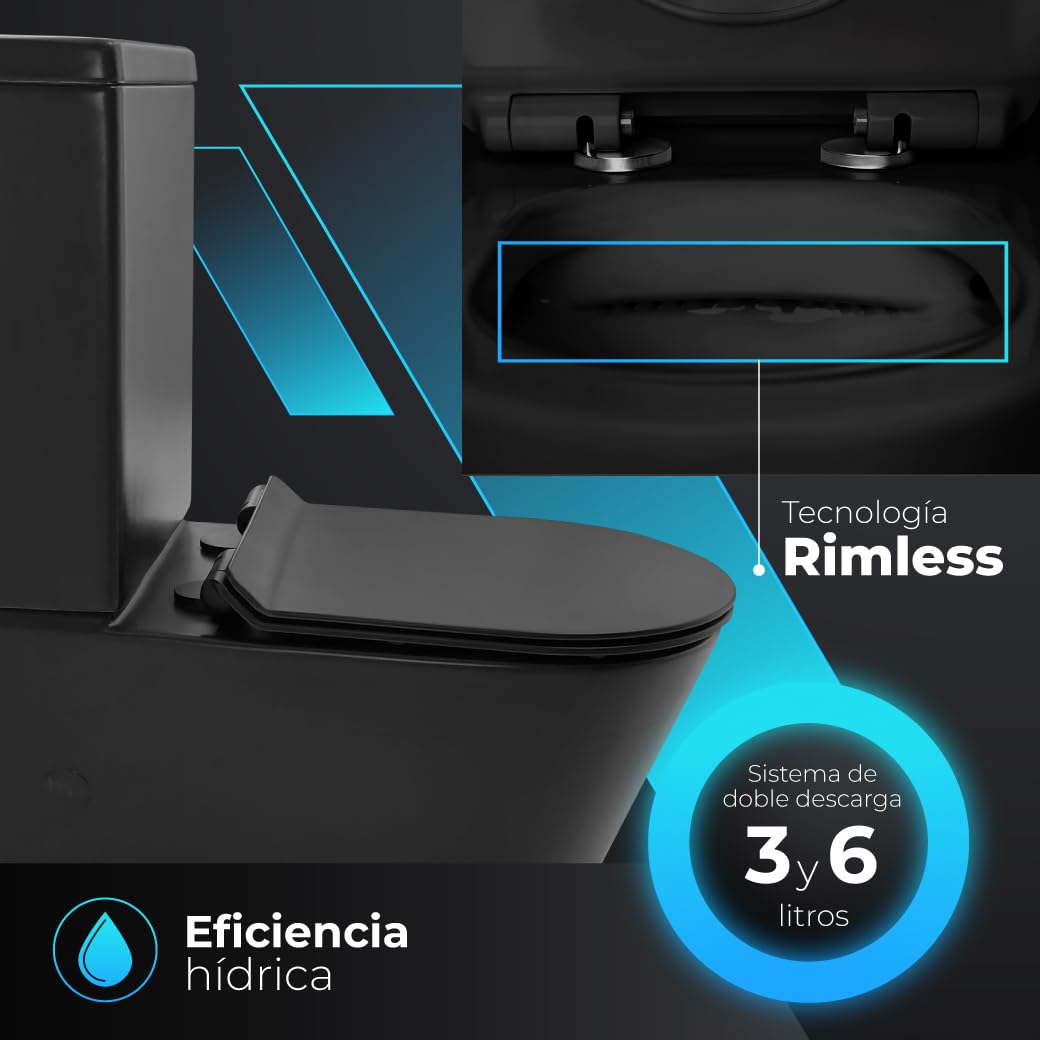 Inodoro Negro, Wc Inodoro COMPLETO, Retrete para Hogar, Sistema RIMLESS ANTIBACTERIA, Tapa Dura Extrafina AMORTIGUADA, Salida Dual