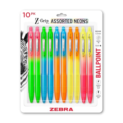 Image of Zebra Pen Z-Grip Ombre Neon Retractable Ballpoint Pen, Black, 1.0mm, 10-Pk | Smooth Writing, Medium Point Tip, Ideal for Planners, Note-Taking, School and Office Supplies, and Everyday Writing (21201)