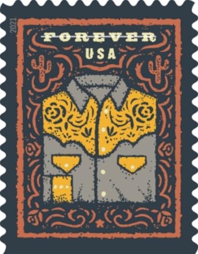 Image of USPS Western Wear (Cowboy Hat, Belt Buckle, Cowboy Boot with Spur, Western Shirt) (Booklet of 20) Postage Forever Stamps 2021 Scott #5615-5618