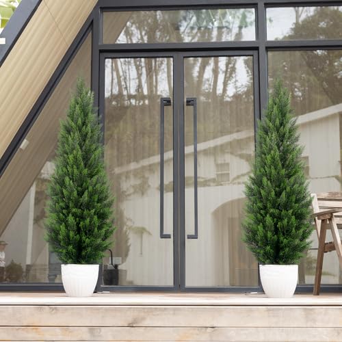 Artificial Topiary Cedar Trees 5FT Tall 2 Set, Outdoor Indoor Faux Pine Shrubs Plants, Realistic Fake Plants Front Porch Decor, Artificial Bushes Cypress for Home Front Door Offices