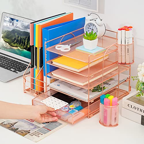 Image of Marbrasse Rose Gold Desk Organizer with File Holder, 5-Tier Paper Letter Tray Organizer and Drawer, Mesh Desktop Storage with Magazine Holder for Office Supplies