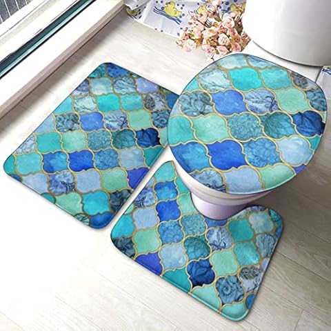 MBNGGAB Turquoise Pattern 3 Pieces Bath Mat Set Cover
