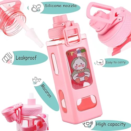 Image of Atarangi Kawaii Water Bottle for Girls with Straw & Movable Handle | Leak-Proof BPA-Free Cute Plastic Bottle with 2D & 3D Stickers | Stylish School & Travel Bottle for Kids