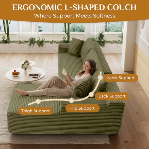 Image of 95 inch Boneless Cloud Sectional Couches for Living Room, Comfy Fluffy L Shaped Memory Foam Deep Seat Boneless Couch, Modular Sectional Sofa with Right Facing Chaise, Olive Green
