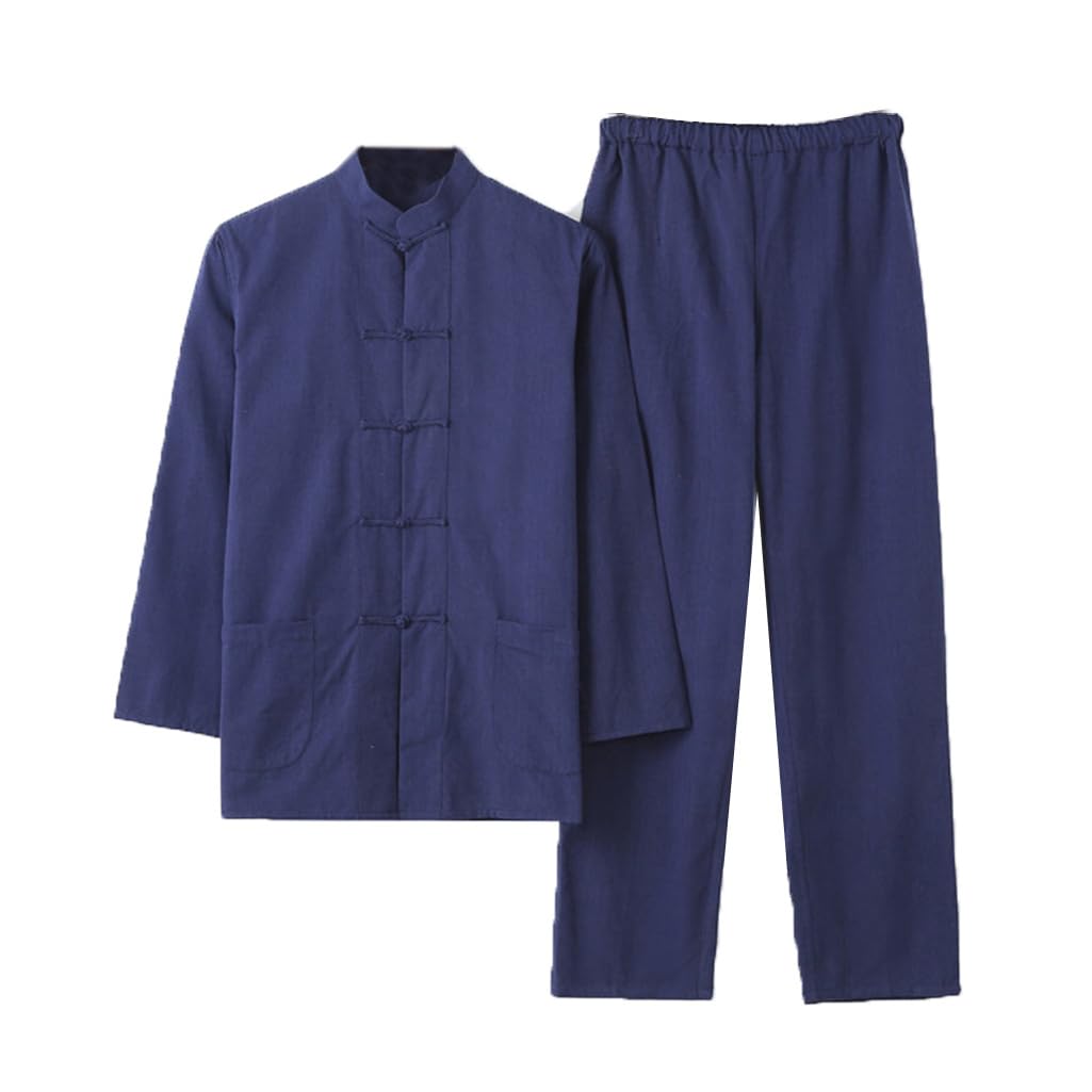 Chinois Traditionnel Manches Longues Tang Costume Kung Fu Uniforme Chemise pour Hommes Kung Fu Veste Pantalon, Coton Pur Tai Chi Uniforme, Hanfu Kung Fu Wing Chun Ch Blue-M