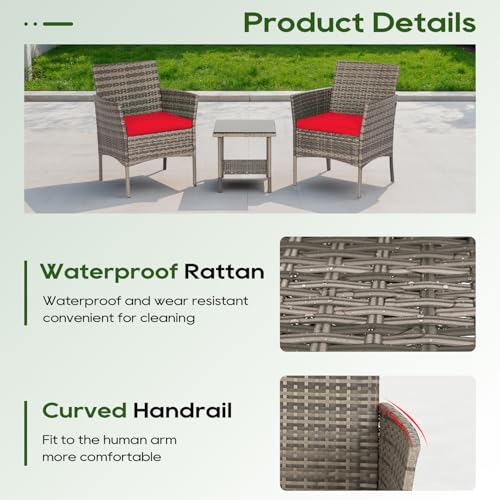Image of FDW 3-Piece Patio Furniture Set | Gray & Red | Outdoor Wicker Furniture
