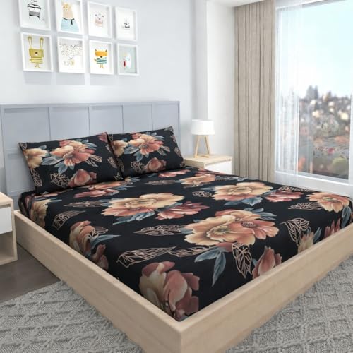 Image of BEVI Home Super Fabric 300 TC Microfiber Double King Size Bedsheet with 2 Pillow Covers - Printed Bedsheet Size (90x95) Black Golden Flower